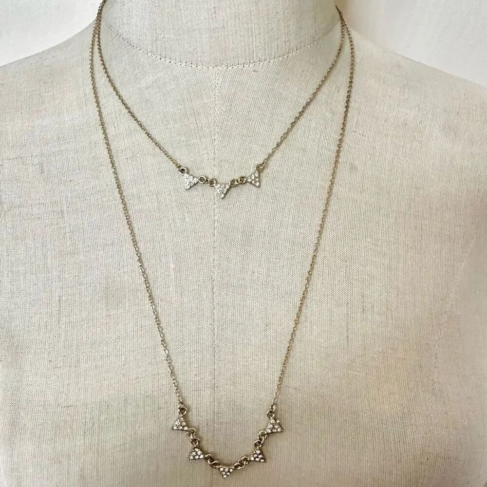 Gold tone triangle rhinestone double strand necklace
